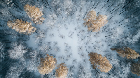 Bird's-eye view of a forest in the middle of winter, with bare trees and snow, leaving space for copy.の素材