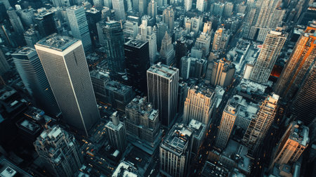 Aerial shot of a city downtown with modern skyscrapers and old architecture, leaving space for copy.の素材