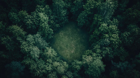Aerial view of a forest clearing surrounded by thick trees, with room for text in the open area.の素材