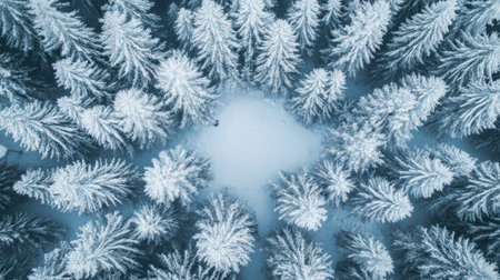 Aerial shot of a snowy forest in winter, with space for copy in the clear sky.の素材