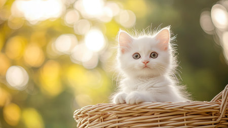 Fluffy white kitten sitting in a wicker basket, blurred natural background with wide copy space.の素材