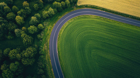 Rural road through farmland, no cars visible, aerial perspective with ample copy space.の素材