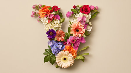 A vibrant floral arrangement shaped as the letter V, featuring an array of colorful flowers against a soft neutral background, perfect for celebrations and artistic displays.の素材