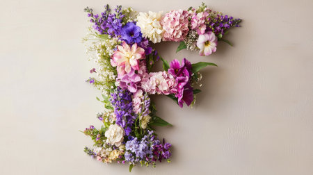 A stunning floral arrangement showcases the letter F, crafted from an array of vibrant blossoms and greenery, perfect for spring-themed decor and celebrations.の素材