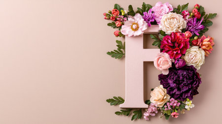 A beautiful floral arrangement featuring a pink letter F adorned with various colorful flowers. Perfect for home decor or special occasions.の素材