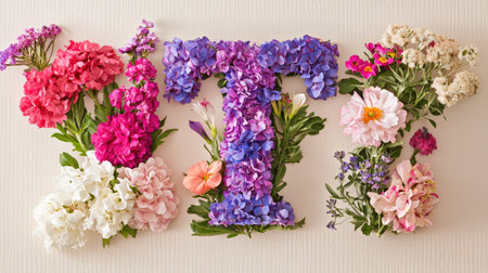This vibrant floral arrangement creatively showcases the letter T, made with a variety of colorful blooms and greenery, perfect for spring-themed designs or decor.の素材