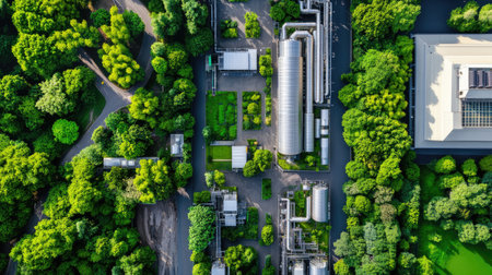 This image showcases an aerial view of urban green areas blending with industrial buildings, highlighting the balance between nature and technology in modern landscapes.の素材