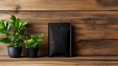 This image showcases a sleek black packaging bag placed against a rustic wooden backdrop, complemented by lush greenery in stylish pots, perfect for product display.の素材