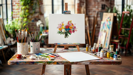 Bright and inviting art studio featuring a vibrant flower painting setup. Ideal for showcasing creativity, color, and artistic tools in a lively environment.の素材