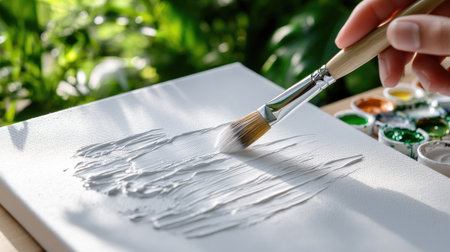 Hand holding a paintbrush applying white paint on a blank canvas with vibrant green foliage in the background. An inspiring scene of creativity and art.の素材