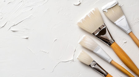 A collection of professional paint brushes arranged on a white textured surface, ideal for artists and DIY enthusiasts seeking creative inspiration for their projects.の素材