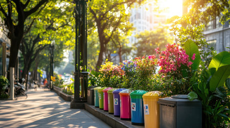 A charming urban scene featuring colorful trash bins lined along a sunny sidewalk, surrounded by blooming flowers and lush green trees, creating a vibrant atmosphere.の素材