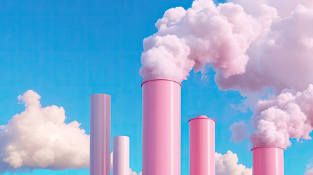 A vibrant scene featuring pink smoke billowing from industrial chimneys against a blue sky with fluffy clouds, highlighting the contrast between industry and nature.の素材