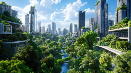 A stunning view of a futuristic city that beautifully integrates lush greenery with modern architecture. This urban oasis showcases harmony between nature and innovation.の素材