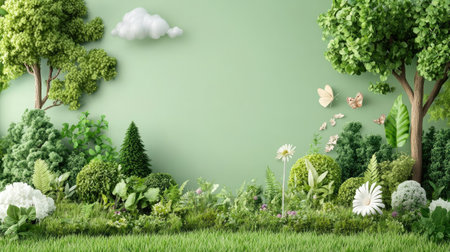 A vibrant and serene green forest scene featuring various trees, blooming flowers, and fluffy clouds. Perfect for nature-themed projects or backgrounds.の素材