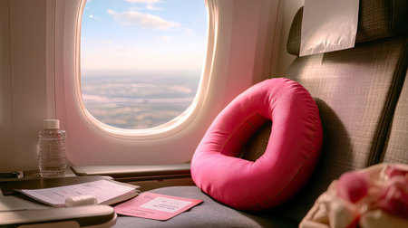 This image captures a cozy airplane seat with a pink neck pillow, a water bottle, and travel documents. The view from the window reveals a serene sky.の素材