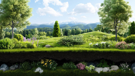 A vibrant green landscape features lush trees, colorful flowers, and a scenic mountain backdrop. The image captures the beauty of nature and ecology in a tranquil setting.の素材