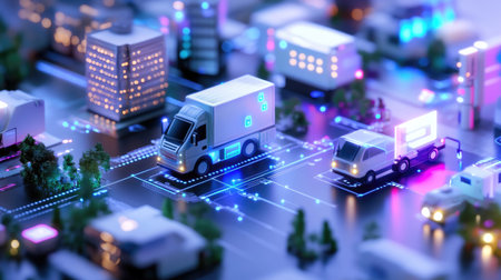 A vibrant futuristic city scene featuring miniature delivery trucks, illuminated by neon lights, showcasing innovative urban logistics in a high-tech environment.の素材