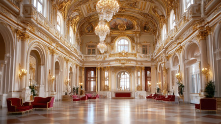 Stunning interior of a historic palace featuring ornate decor, grand chandeliers, and elegant furnishings, creating a luxurious atmosphere of beauty and sophistication.の素材
