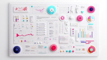 Modern and vibrant data visualization showcasing 3D elements, pie charts, and graphs. Perfect for representing analytics, statistics, and business insights.の素材