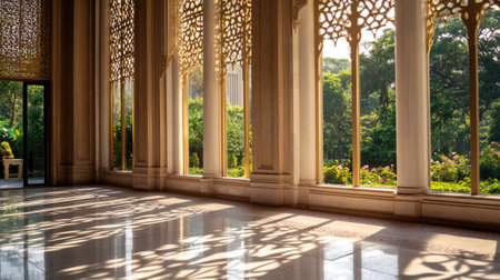 Stunning interior showcases intricate design details framed by large windows, revealing a vibrant garden. Light and shadow create a serene and elegant atmosphere.の素材