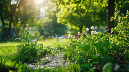 A tranquil garden pathway surrounded by lush greenery and blooming flowers. Gentle sunlight filters through trees, creating a serene atmosphere.の素材