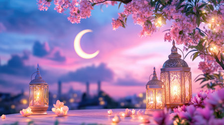 A tranquil evening scene showcasing beautiful lanterns and blossoms illuminated under a crescent moon, creating a magical and peaceful ambiance.の素材