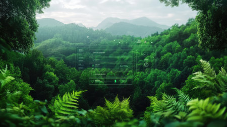 A lush green landscape featuring a futuristic digital interface overlay. This image blends nature with technology, depicting innovation in a serene outdoor environment.の素材
