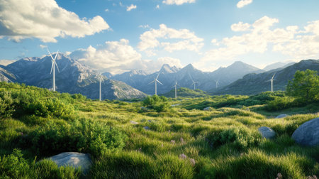 This stunning landscape showcases wind turbines against majestic mountains, surrounded by lush greenery and vibrant blue skies, highlighting renewable energy's beauty.の素材