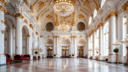 Explore the stunning interior of a historic palace featuring grand architecture, opulent decor, and radiant chandeliers that create a captivating ambiance.の素材