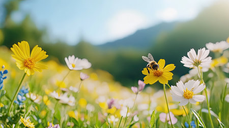 A vibrant meadow filled with colorful flowers in bloom, featuring a busy bee collecting nectar. The bright sunlight highlights nature beauty in this tranquil scene.の素材