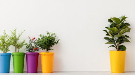 This image features vibrant potted plants in colorful containers, ideal for enhancing any modern home environment. Create a refreshing and stylish atmosphere.の素材