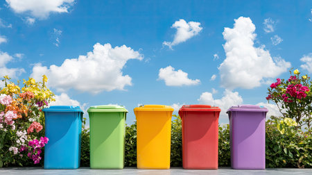 A vibrant scene featuring colorful trash bins aligned against a backdrop of blooming flowers and a clear blue sky. Ideal for themes of sustainability and environmental care.の素材