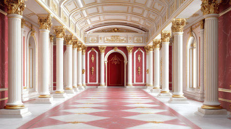 Discover an elegant grand hall interior featuring impressive columns and rich red and gold decor, creating a luxurious space full of classic beauty.の素材