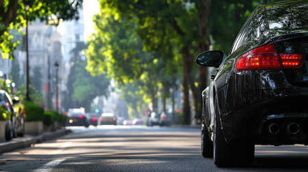 A captivating urban scene featuring a sleek black car on a serene street, surrounded by lush greenery. Ideal for travel and lifestyle themes.の素材