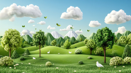 A vibrant green landscape featuring mountains, fluffy clouds, and delicate butterflies. This serene scene showcases nature's beauty with lush trees and tranquil meadows.の素材