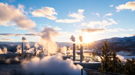 Captivating industrial scene at sunset, showcasing steam rising from facilities against a dramatic mountain backdrop. The vibrant colors create a serene atmosphere.の素材