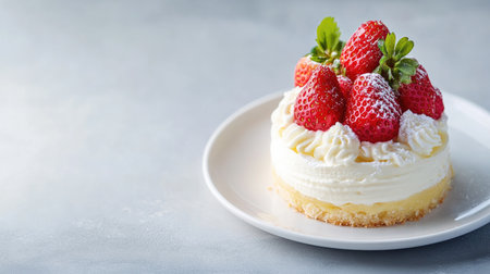 This exquisite strawberry cheesecake features a creamy filling topped with fresh strawberries and whipped cream, creating a delightful dessert perfect for any occasion.の素材