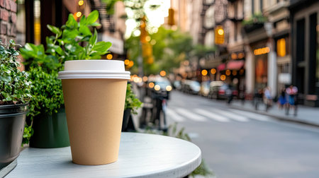 A paper coffee cup sits on a table, surrounded by greenery, with a bustling urban street in the background. Perfect for lifestyle and cafe themes.の素材