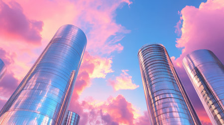 A stunning view of modern skyscrapers reflecting the vibrant colors of a sunset sky. This urban landscape captures the beauty of architecture and nature combined.の素材