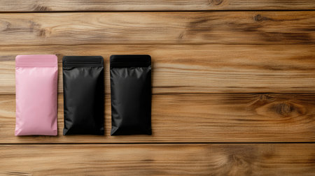 Three colorful packaging bags in pink and black rest on a wooden surface. Perfect for showcasing product design, marketing, and retail concepts with a modern touch.の素材