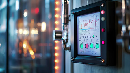 A modern digital control panel displaying graphs and colorful dials, showcasing data analysis in an industrial workspace. Ideal for technology and engineering themes.の素材