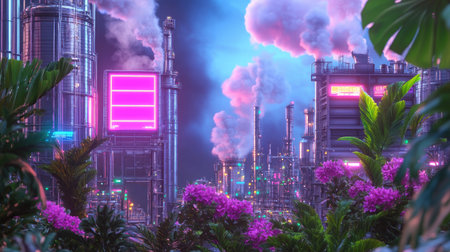 A stunning blend of vibrant factory elements and lush tropical foliage. Neon lights, smoke, and colorful flowers create a striking contrast in this surreal scene.の素材