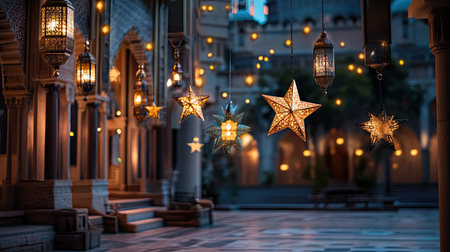 A breathtaking scene of hanging lanterns and stars illuminating a tranquil courtyard. The warm light creates a magical ambiance perfect for gatherings or celebrations.の素材