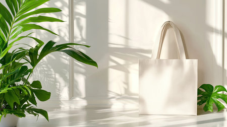 A stylish minimalistic tote bag is placed on a bright indoor surface, surrounded by lush green plants, casting soft shadows, and creating a tranquil ambiance.の素材