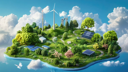 A serene eco-friendly island showcasing renewable energy solutions like wind turbines and solar panels surrounded by lush greenery, reflecting a sustainable future.の素材