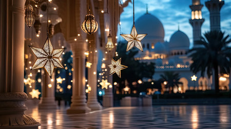 A stunning view of intricate lanterns and decorative stars illuminating the grand mosque at twilight, creating a serene and captivating atmosphere.の素材