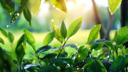 A captivating close-up of fresh green leaves with water droplets, shining in the soft morning light, creating a serene and tranquil atmosphere in nature.の素材