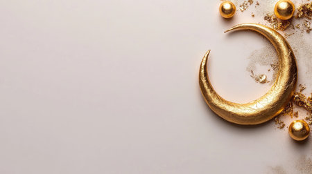 A stunning golden crescent moon surrounded by decorative pearls and elements, perfect for creative projects, event planning, or artistic inspirations.の素材