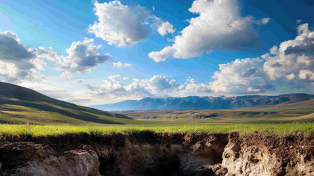 Captivating landscape featuring lush green grass under a blue sky dotted with fluffy clouds, with majestic mountains in the distance creating a serene ambiance.の素材